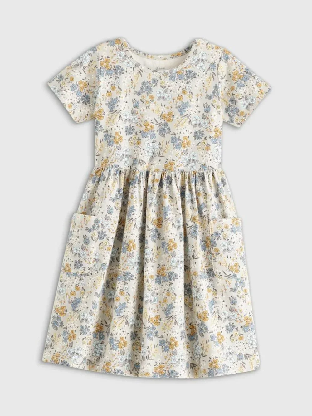 Quince Girls Organic Cotton Fit and Flare Pocket Dress in Grey Ditsy Floral 7
